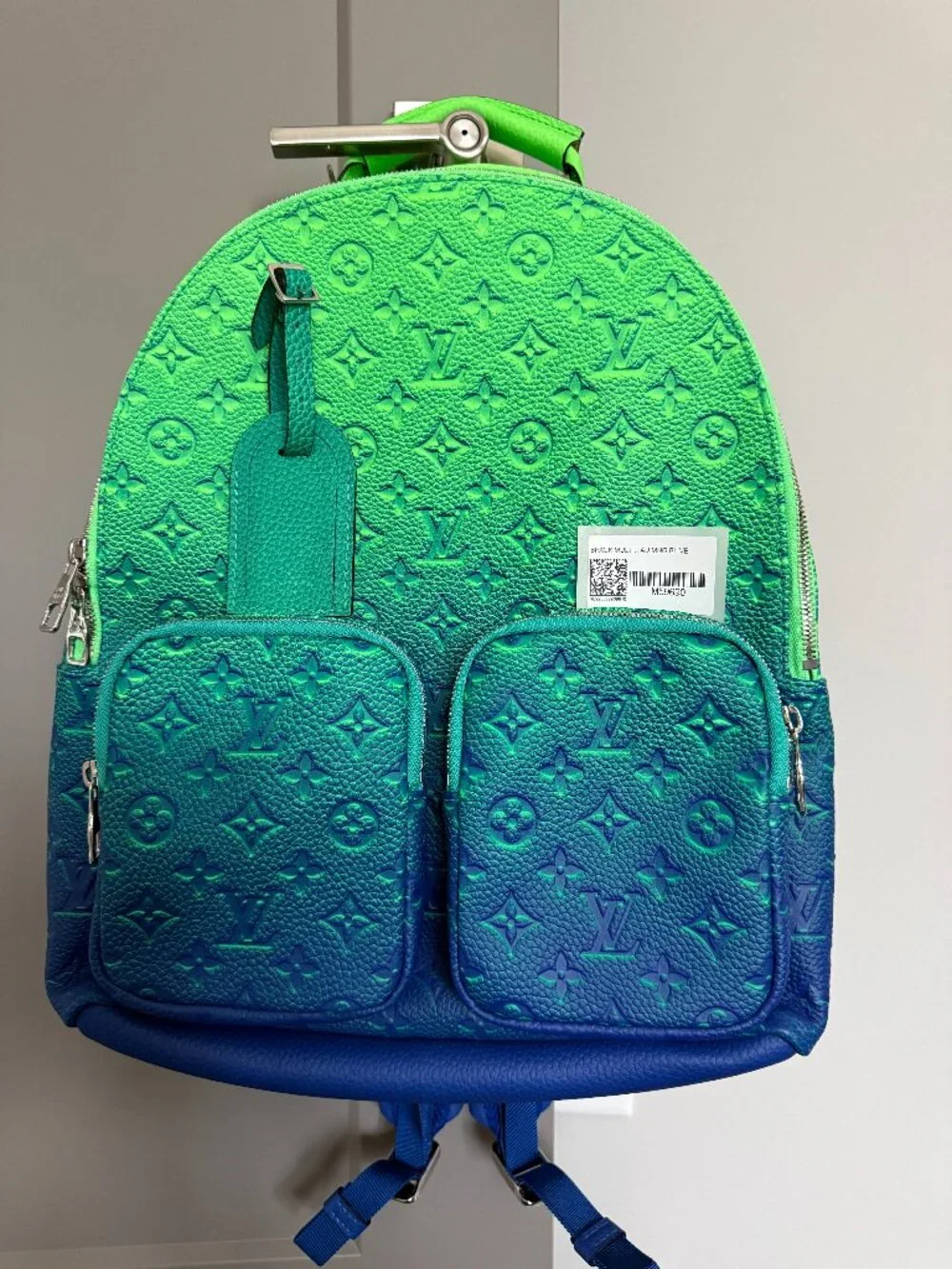 Virgil Abloh Blue and Neon Green Gradient  Taurillon Multipocket Backpack